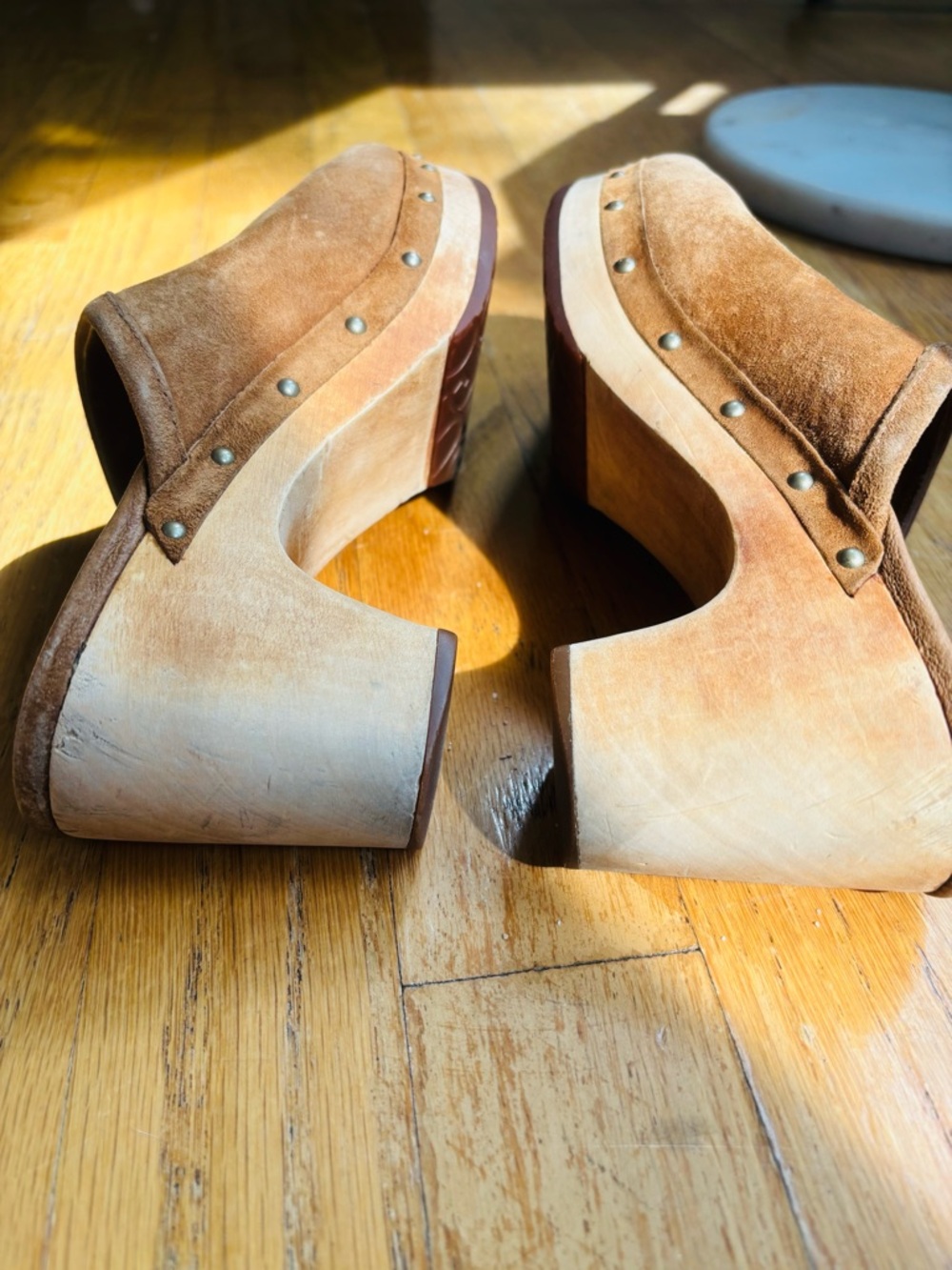 UGG Tan Suede Studded Wooden Clog Mules - Picture 9 of 10